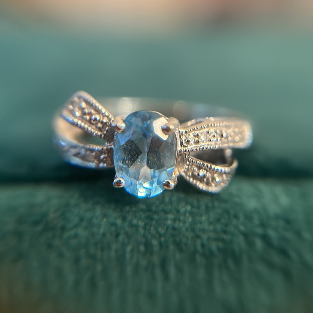 Blue Topaz Bow Solid 10k WG Ring Size 5